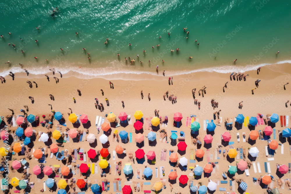 Fun-filled Day at the Colorful Beach: Aerial View of Crowded Mediterranean Coastline