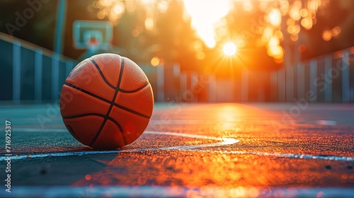Basketball ball on the basketball court in the sunset, ai generative