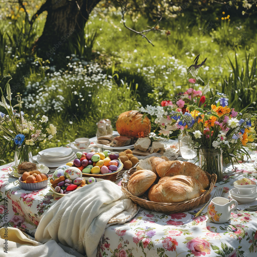 A sunlit picnic spread with a feast of bread, Easter eggs, and wildflowers in a meadow. It reflects a joyous, family-friendly atmosphere suitable for seasonal celebrations
