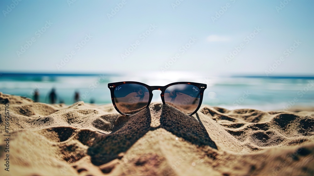 Sunglasses on the beach. Selective focus. nature, ai generative