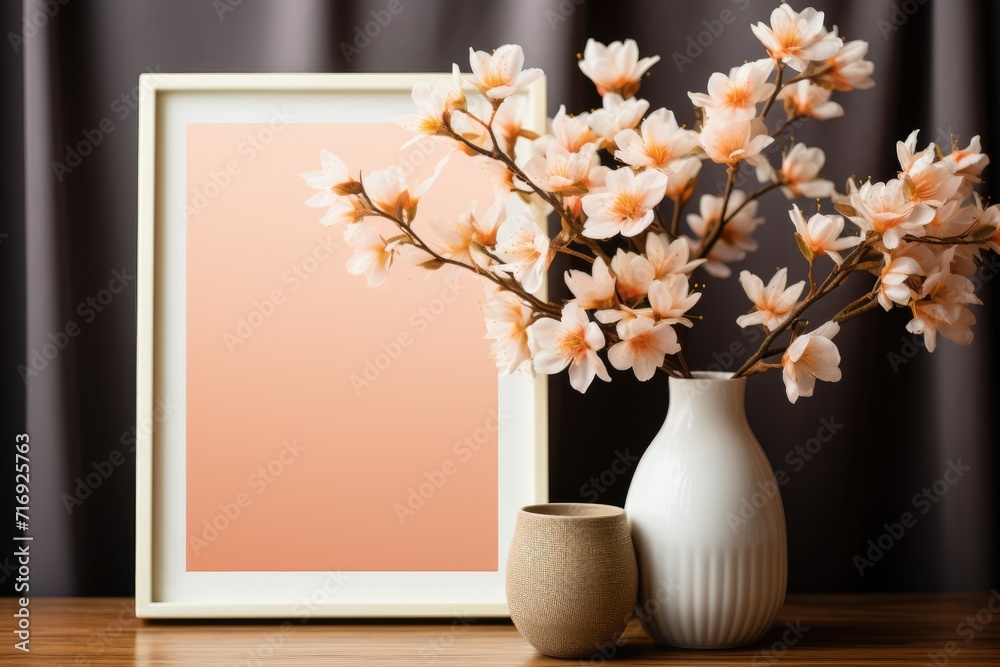 Mockup frame close up in Living room in soft peach color Mockup frame close up in Living room in soft peach color