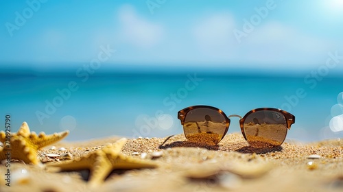 Sunglasses on the beach with the sea in the background, ai generative