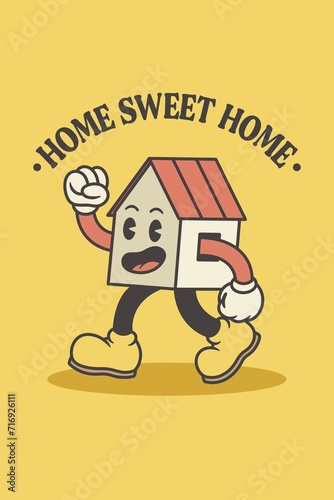 Home Sweet Home vintage house character walking (ID: 716926111)