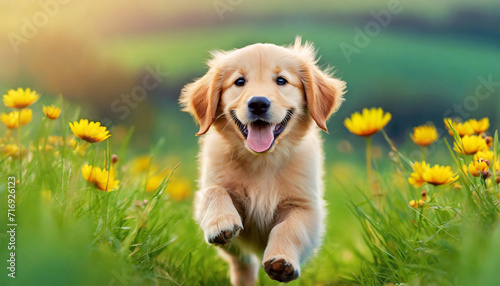 A dog golden retriever puppy with a happy face runs through the colorful lush spring green grass