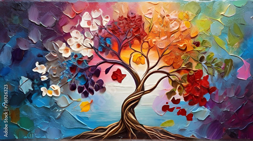 tree of life painted with oil paints. Gorgeous colorful background. generated by AI