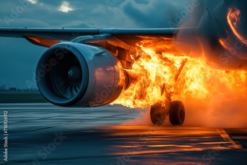Airplane an emergency landing on runway with damaged engine that started burning AI Generation photo