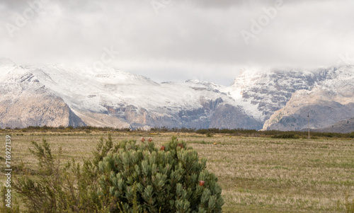 landscape in the Matroosberg mountains in the rural area of Ceres, South Africa which is covered in snow in winter photo