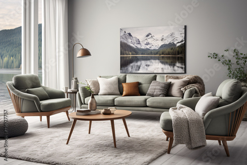 Luxurious green living room interior design, stylish and cosy modern contemporary livingroom.