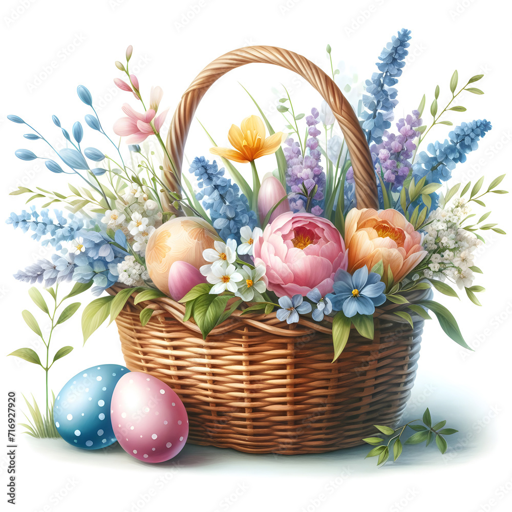Easter colorful drawn eggs in Easter basket for holiday greeting card