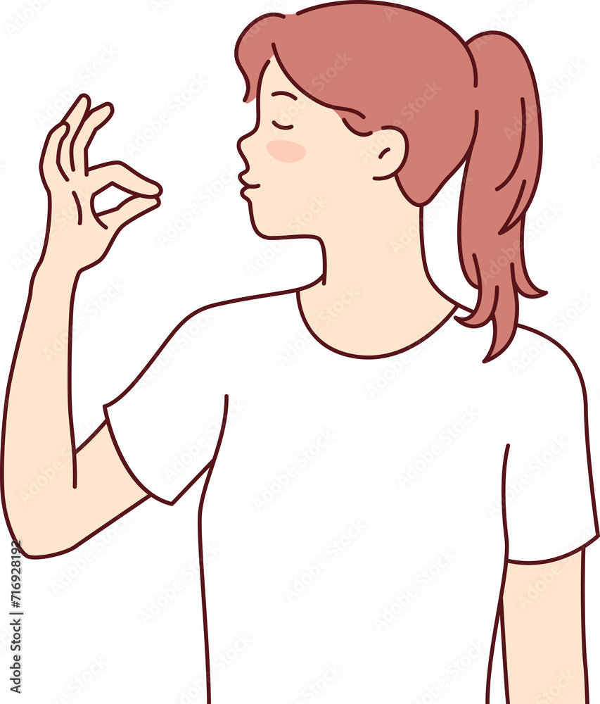 Gourmet woman praises delicious dish, making gesture symbolizing pleasure of food or gastronomic orgasm. Gourmet girl in casual clothes rejoices at opportunity to try new delicacy from chef Gourmet woman praises delicious dish, making gesture symbolizing pleasure of food or gastronomic orgasm. Gourmet girl in casual clothes rejoices at opportunity to try new delicacy from chef