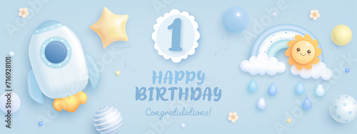 Number 1 birthday celebration banner with realistic cartoon rocket and rainbow on blue background. Happy birthday card for baby boy. Vector illustration