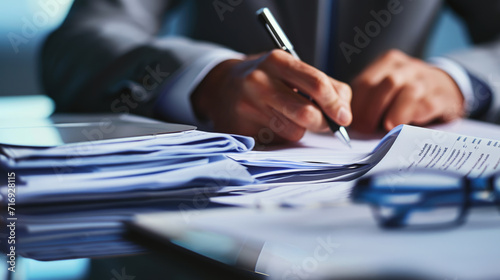Close-up view of a person's hand holding a pen over a document