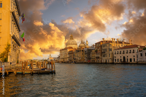 View of Grand Canal and Basilica Santa Maria della Salute in Venice, Italy from Ponte Dell"Accademia