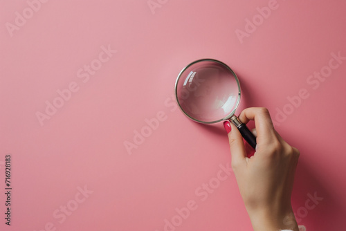 Woman hand holding magnifying glass, female searching product and womens health check concept