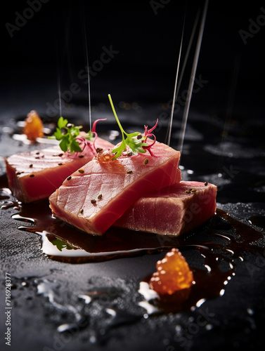 An exquisite restaurant dish of tuna with greens created with Generative Ai