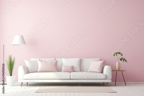 Cozy bedroom in a minimalist Scandinavian style with a bed  pillows and with pink walls.  