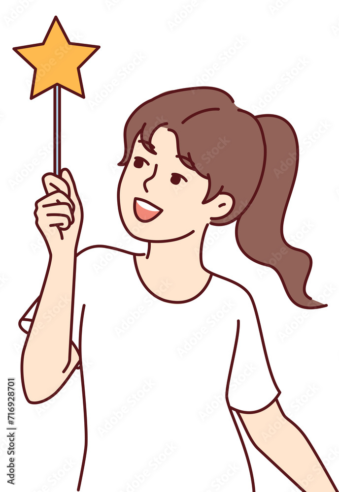 Little girl dreams of becoming fairy and waves magic wand, casting spells from fairy tales Little girl dreams of becoming fairy and waves magic wand, casting spells from fairy tales