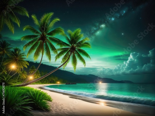 A nighttime seascape featuring coconut trees, a verdant lawn along the beach by ai generated