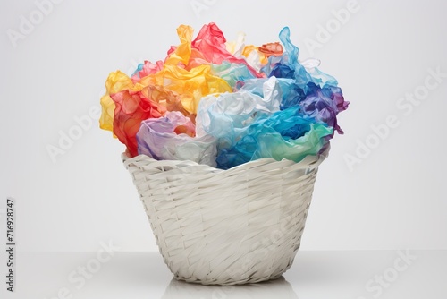 Trash basket with colorful crumpled paper inside with copy space photo