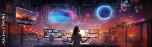 Future scenario, Futuristic setting, Panorama, Science fiction scene, Sci-fi setting. THE CONTROL CENTER. Manipulating and keeping the sourrounding environment under controI. Images from another Era. photo