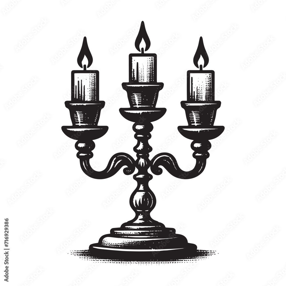 Antique candlestick with three candles. Black vintage Engraving vector illustration. Icon, logo, emblem. isolated object