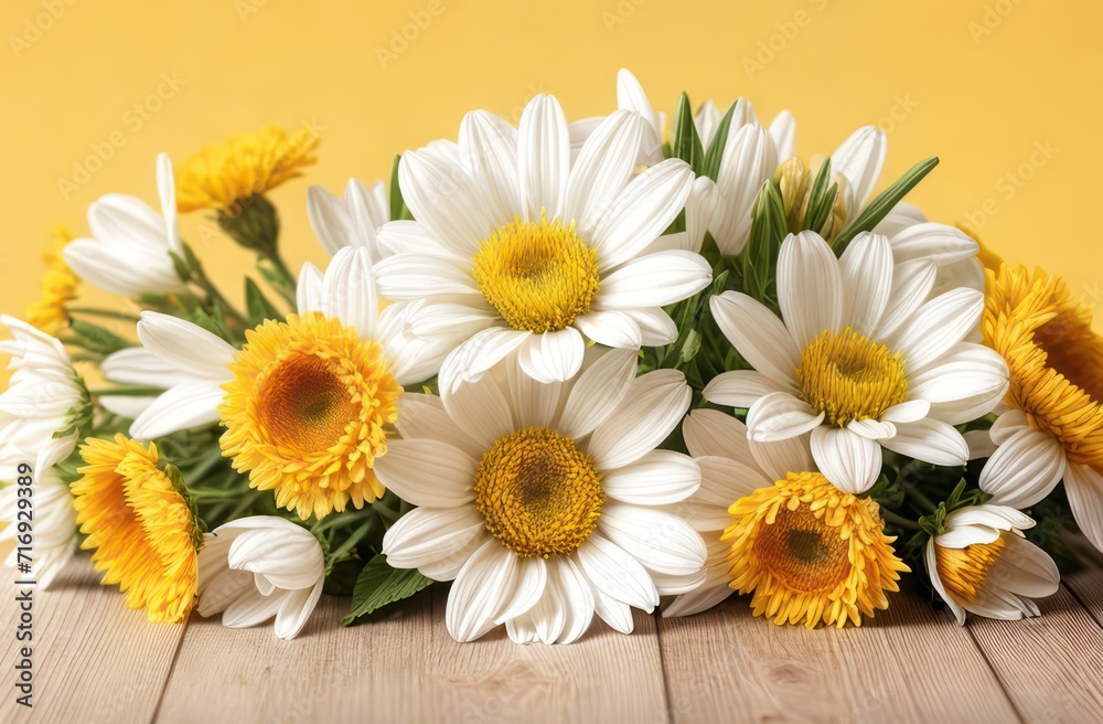 Obraz premium On a wooden light background, a composition of yellow and white flowers. Concept background, mother's day, international women's day, March 8, for advertising,