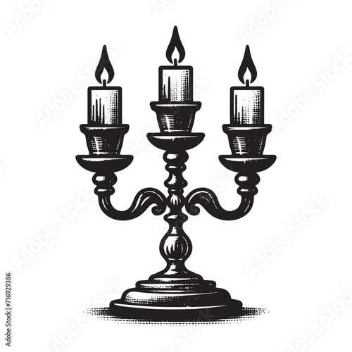 Antique candlestick with three candles. Black vintage Engraving vector illustration. Icon, logo, emblem. isolated object