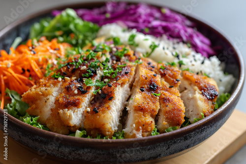 Bowl of prepared salad with rice, chicken, white and red cabbage.