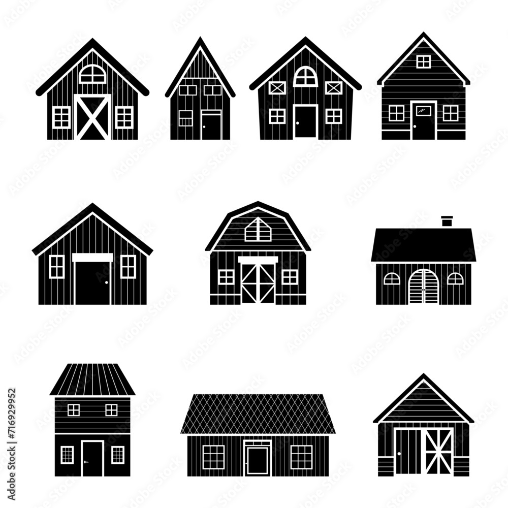 barn or farm house silhouette icon set. storage of grain and agricultural products