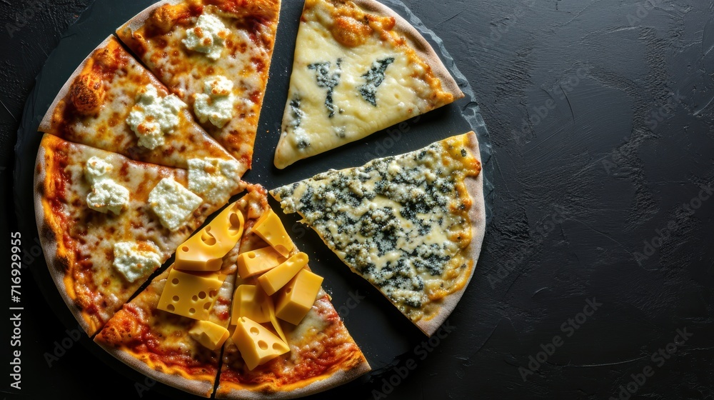 Pizza with blue cheese on a black background, top view. Quattro Formaggi Pizza. Four cheese Pizza. Cheese Pull. Pizza on a Background with copyspace.