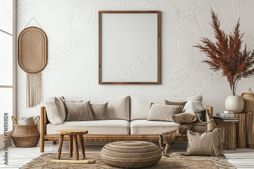 Craeative composition of living room interior with mock up poster frame, beige sofa, wooden commoda, brown plaited plaid, vase with dried flowers, stool and personal accessories. Home decor. Template