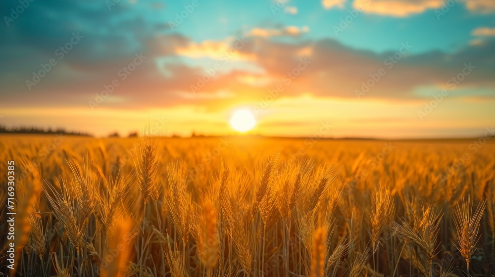 beautiful landscape of a wheat field with a sunset