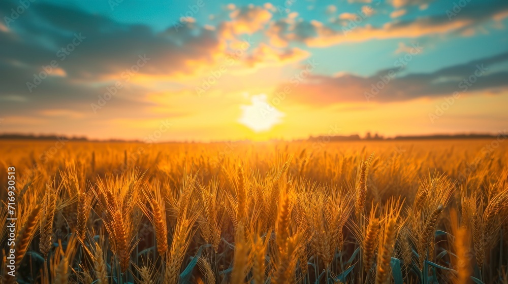 beautiful landscape of a wheat field with a beautiful sunset with rays of the sun during the day in high resolution