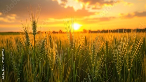beautiful landscape of a wheat field with a beautiful sunset with rays of the sun during the day in high resolution and sharpness