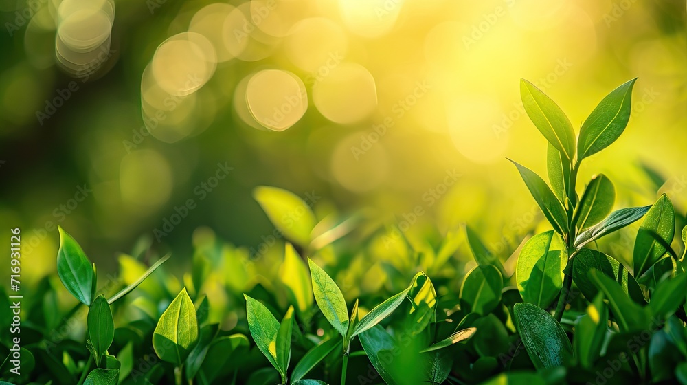 Fresh healthy green bio background with abstract blurred foliage and bright summer sunlight and a central copyspace for your text or advertisment. AI generated illustration - obrazy, fototapety, plakaty 