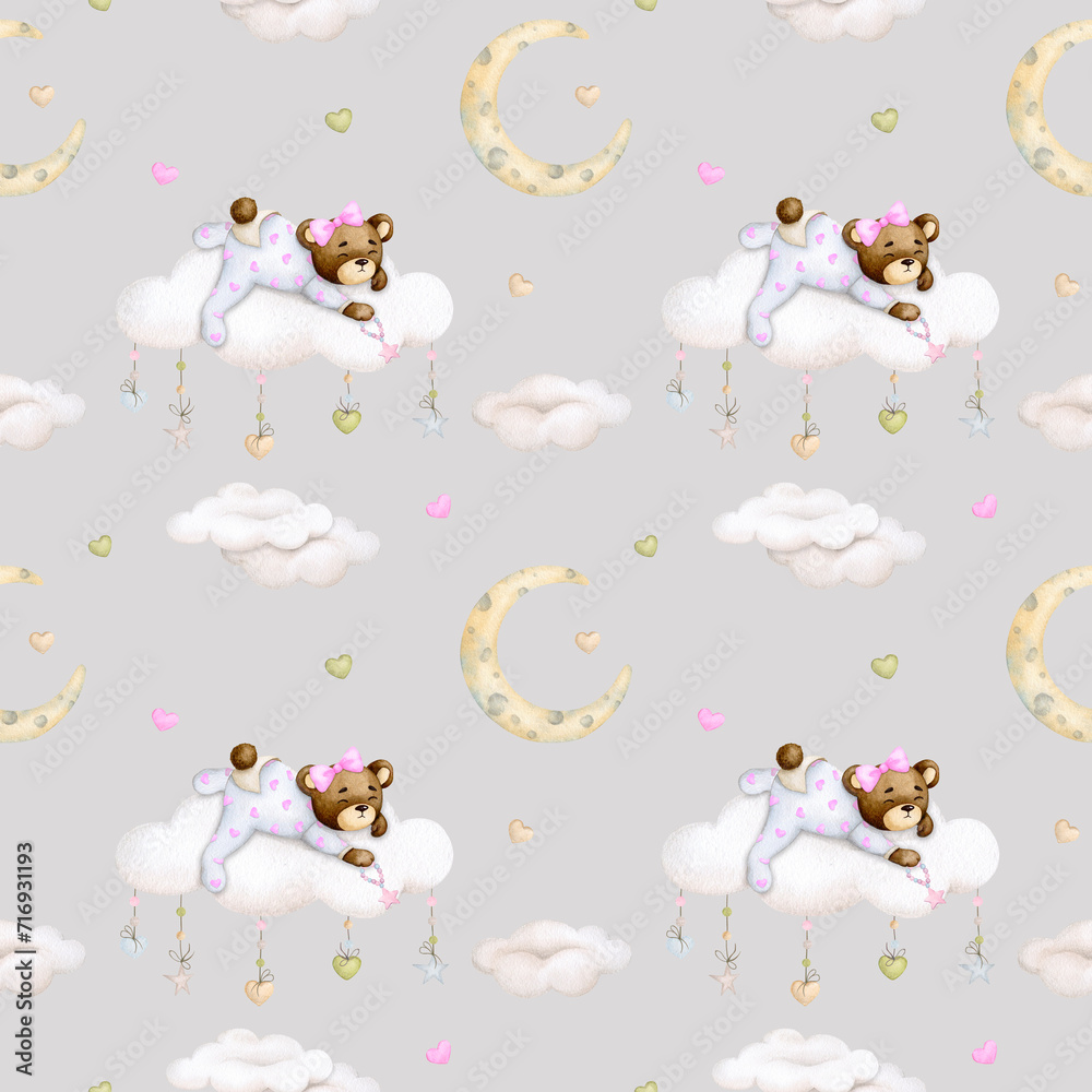 Baby seamless pattern on a gray background. Baby bear on a cloud. Girl. Watercolor background. Childrens party, baby shower, birthday. Design of wallpaper, wrapping paper, fabric, cards.. Baby seamless pattern on a gray background. Baby bear on a cloud. Girl. Watercolor background. Childrens party, baby shower, birthday. Design of wallpaper, wrapping paper, fabric, cards..