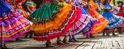 Traditional Mexican dancers in colorful costumes perform a lively dance, their skirts creating a vibrant display against a blurred background, Vibrant Mexican Dance Celebration 