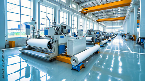 Paper Manufacture: Industrial Machinery in a Factory Producing Rolls of Paper, Symbolizing Innovation photo