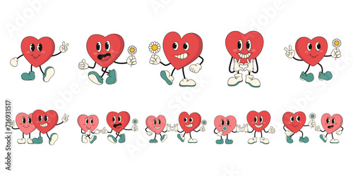 Set of retro heart character. Heart and Love shape with cute cartoon face. Vector illustration.