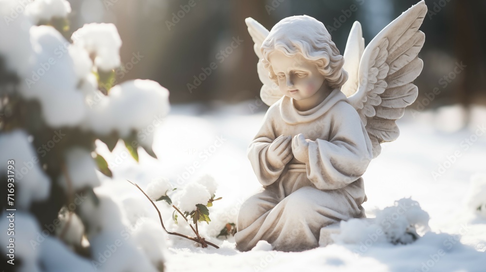 Little angel baby statue on snowy cemetery sitting on the snow next to white flowers