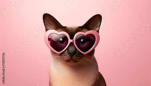 happy cute cat with a heart shaped sunglasses for valentine day, birthday or anniversary, on a pink background   © Zense