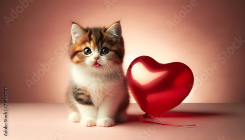 happy cute cat and a heart shaped balloon for valentine day, birthday or anniversary, on a pink background	
