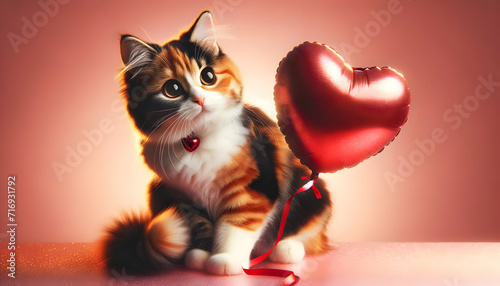 happy cute cat and a heart shaped balloon for valentine day, birthday or anniversary, on a pink background 