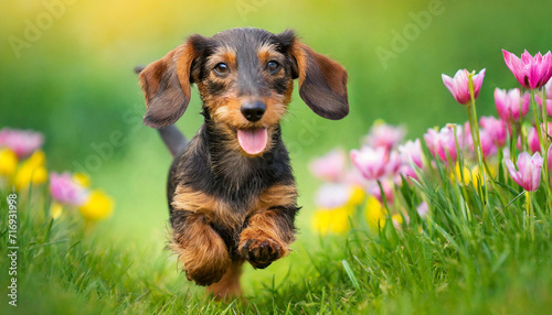 A dog wire-haired dachshund puppy with a happy face runs through the colorful lush spring green grass  photo