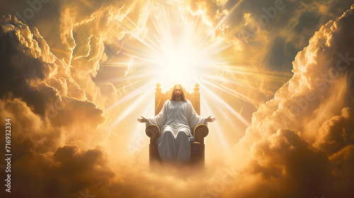 Jesus on a throne in heaven with bright light behind photo