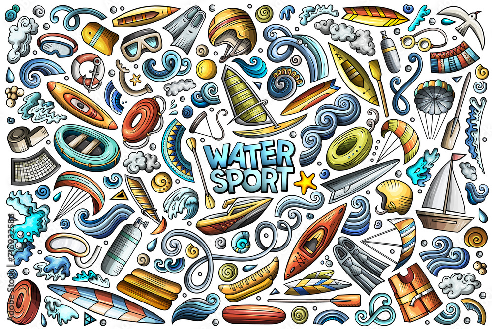 Water sports cartoon objects set