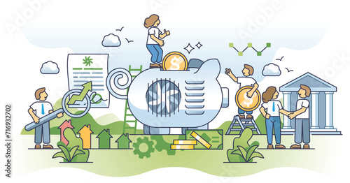 HVAC financing and get money for efficient heating unit outline concept. Air conditioning or ventilation system financial support from bank or government vector illustration. Effective heat cost.