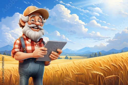 Farmer with digital tablet on the wheat field. Smart farming and precision agriculture.