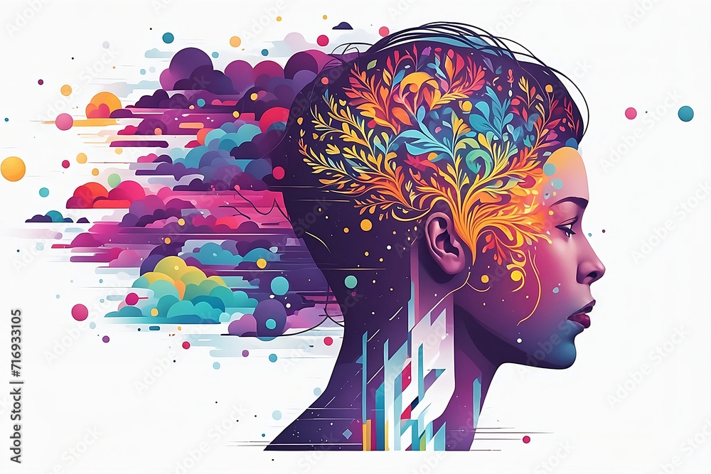 Colorful artistic illustrations that represent the brain and conscious with woman face. Mental health concept. - obrazy, fototapety, plakaty 