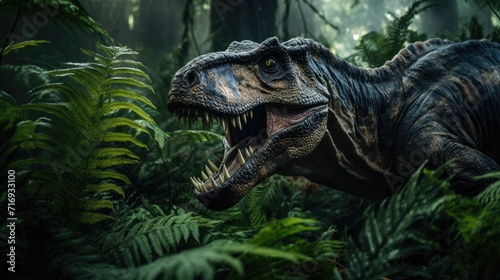 A fearsome dinosaur emerging from dense prehistoric foliage